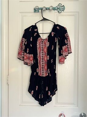 RAGA Black Floral Romper Small with Red Paisley Panels